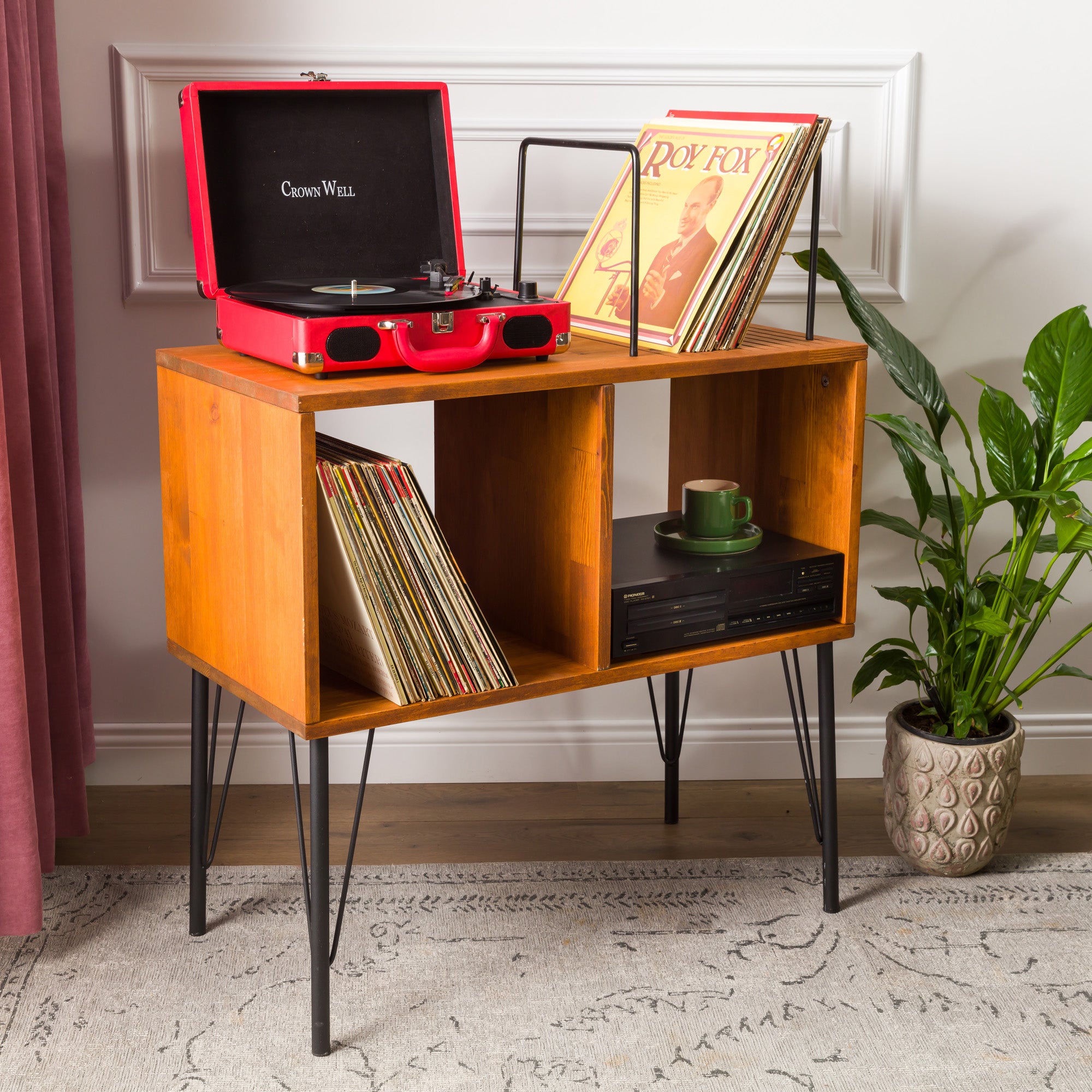 Florida - 2 Compartments Record Player Stand - Turntable Station With Storage - Large Vinyl Record Storage - Handcrafted Record Display Stand