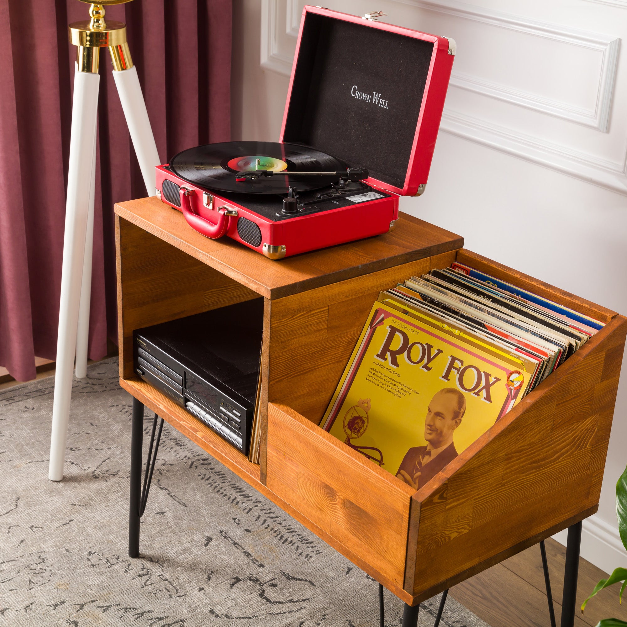 New Jersey - Mid Century Modern Record Console - Vinyl Storage Media Stand - Turntable Stand - Wood Record Storage - Record Cabinet With Metal Legs